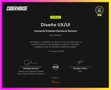 Certificado de Coderhouse Diseño UX/UI